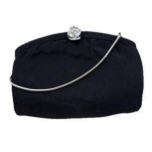 VTG Clutch Bag Purse Black Evening Wedding Bag Silver Tone Rose Bud‎ By Admiral